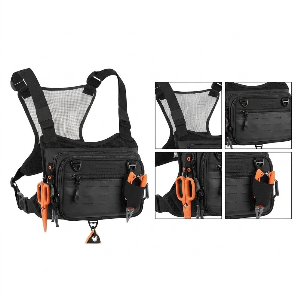 플라이 낚시용 가슴에 착용하는 배낭형 조끼로, 앞면과  - Fishing Backpack 리뷰 및 가격